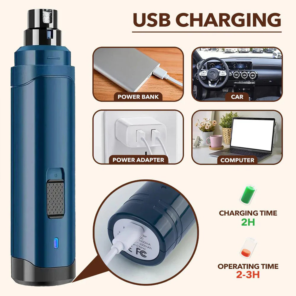 Blue Avinora Pet Nail Grinde device with USB charging capabilities, shown with power bank, car, power adapter, and computer illustrations.