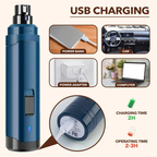 Blue Avinora Pet Nail Grinde device with USB charging capabilities, shown with power bank, car, power adapter, and computer illustrations.