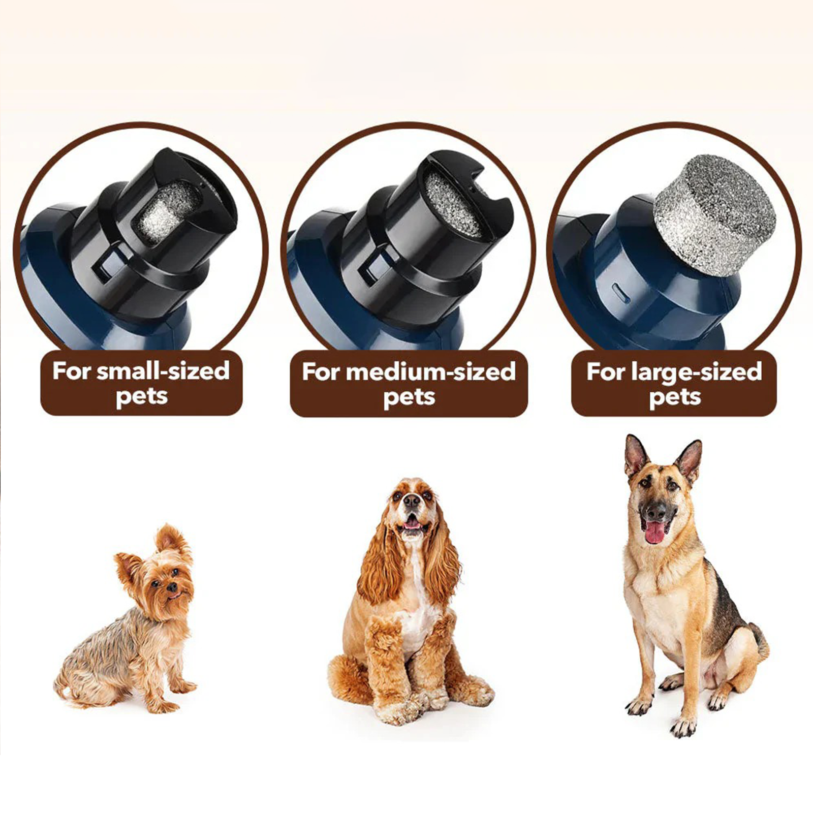 Dog food Avinora Pet Nail Grinde for small, medium, and large pets with corresponding dogs.