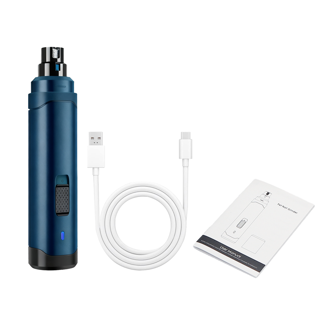 Blue electronic Avinora Pet Nail Grinde with USB cable and packaging on a white background