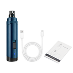 Blue electronic Avinora Pet Nail Grinde with USB cable and packaging on a white background