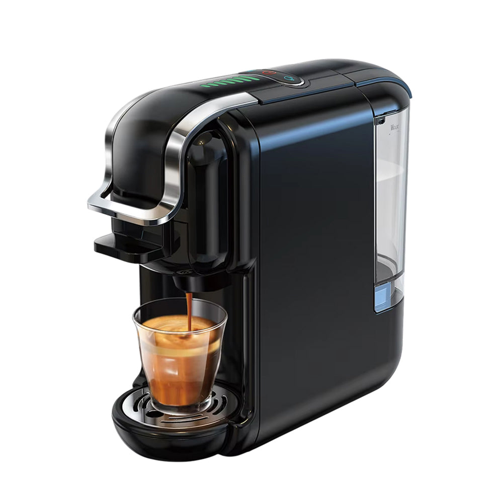 Black brewnexi coffee machine dispensing a cup of coffee on a white background