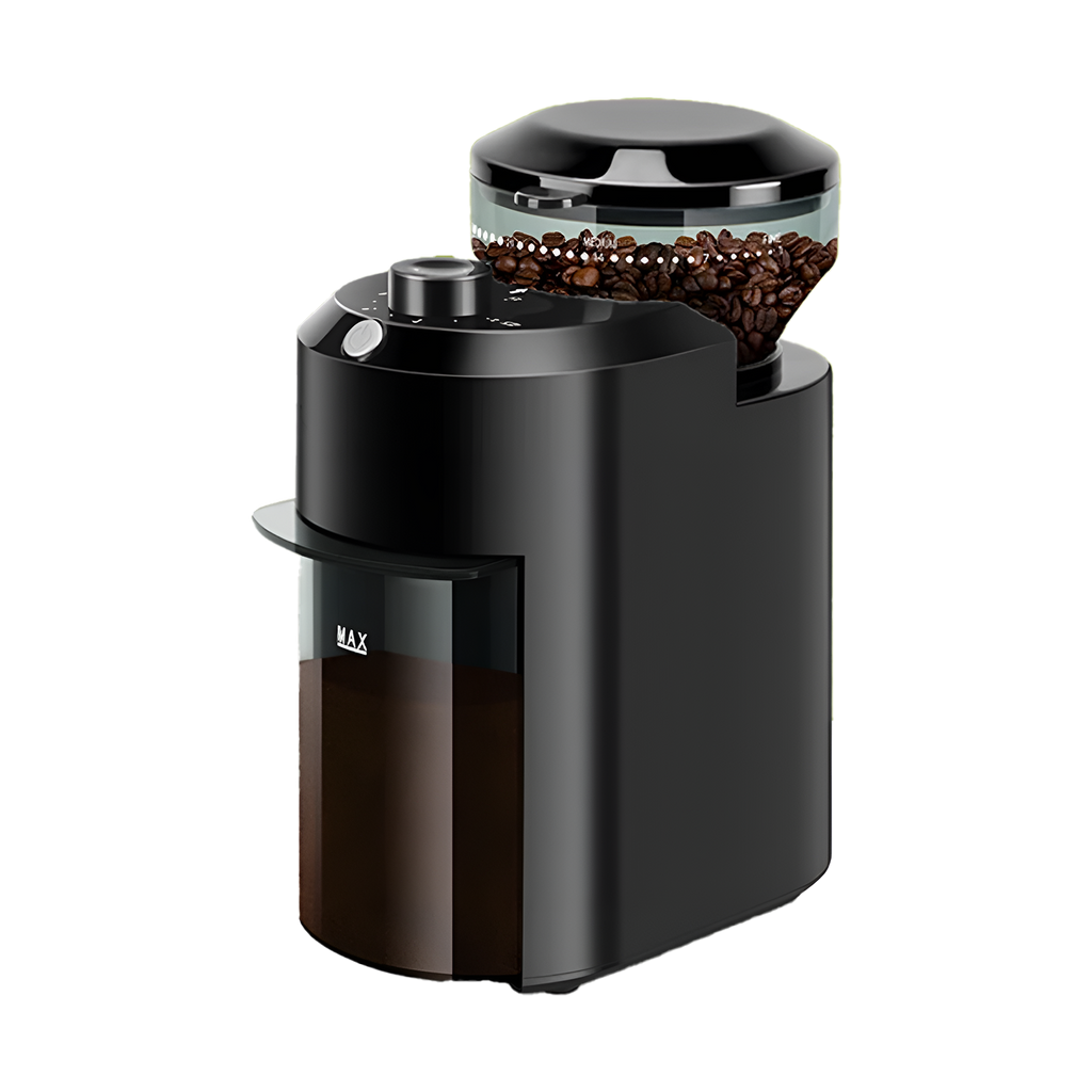 Black BrewixMi Coffee Grinder with a clear container of coffee beans on a white background