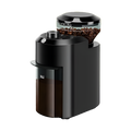Black BrewixMi Coffee Grinder with a clear container of coffee beans on a white background