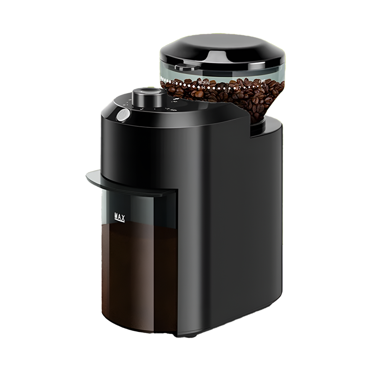 Black BrewixMi Coffee Grinder with a clear container of coffee beans on a white background
