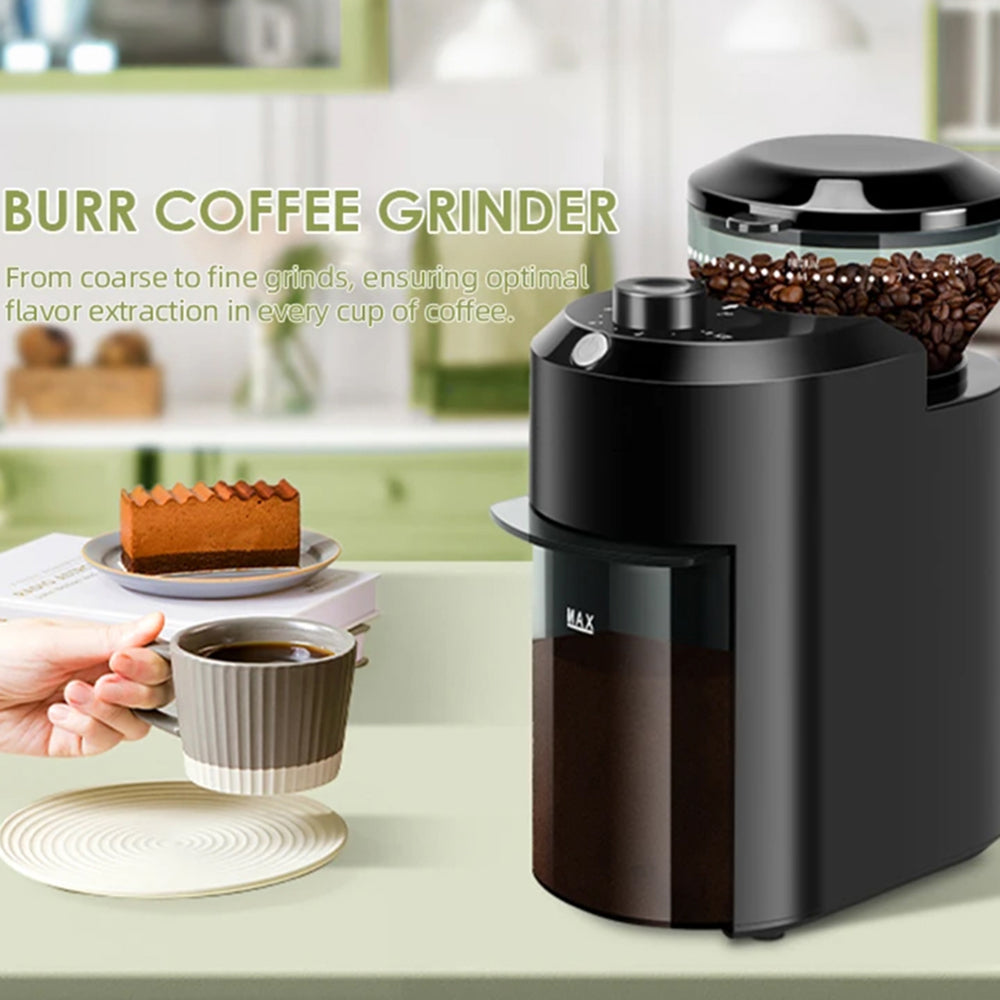 Burr BrewixMi Coffee Grinder on a kitchen counter with a cup of coffee and a slice of cake.