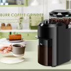 Burr BrewixMi Coffee Grinder on a kitchen counter with a cup of coffee and a slice of cake.