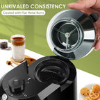 BrewixMi Coffee Grinder with a glass of coffee and cookies on a table, highlighting unrivaled consistency.