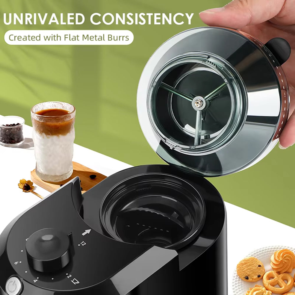 BrewixMi Coffee Grinder with a glass of coffee and cookies on a table, highlighting unrivaled consistency.