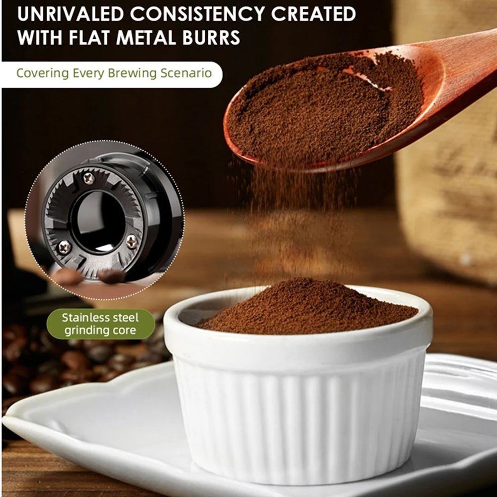 BrewixMi Coffee Grinder Wooden scoop pouring coffee grounds into a white bowl with text about flat metal burrs and stainless steel grinding core.
