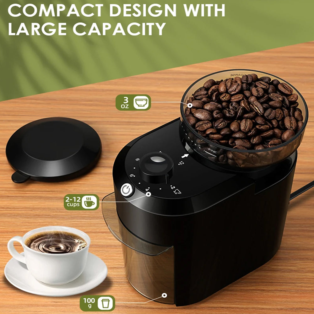 BrewixMi Coffee Grinder with coffee beans and a cup of coffee on a wooden surface, highlighting its compact design and large capacity.