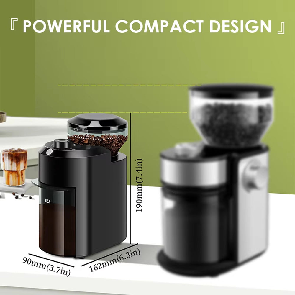 BrewixMi Coffee Grinder with dimensions and text highlighting 'Powerful Compact Design' on a green background.