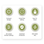 Set of green icons with text describing features on a white background