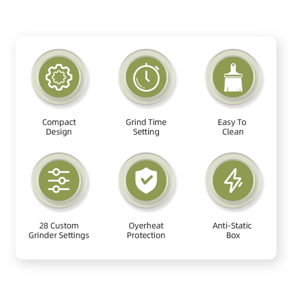 Set of green icons with text describing features on a white background