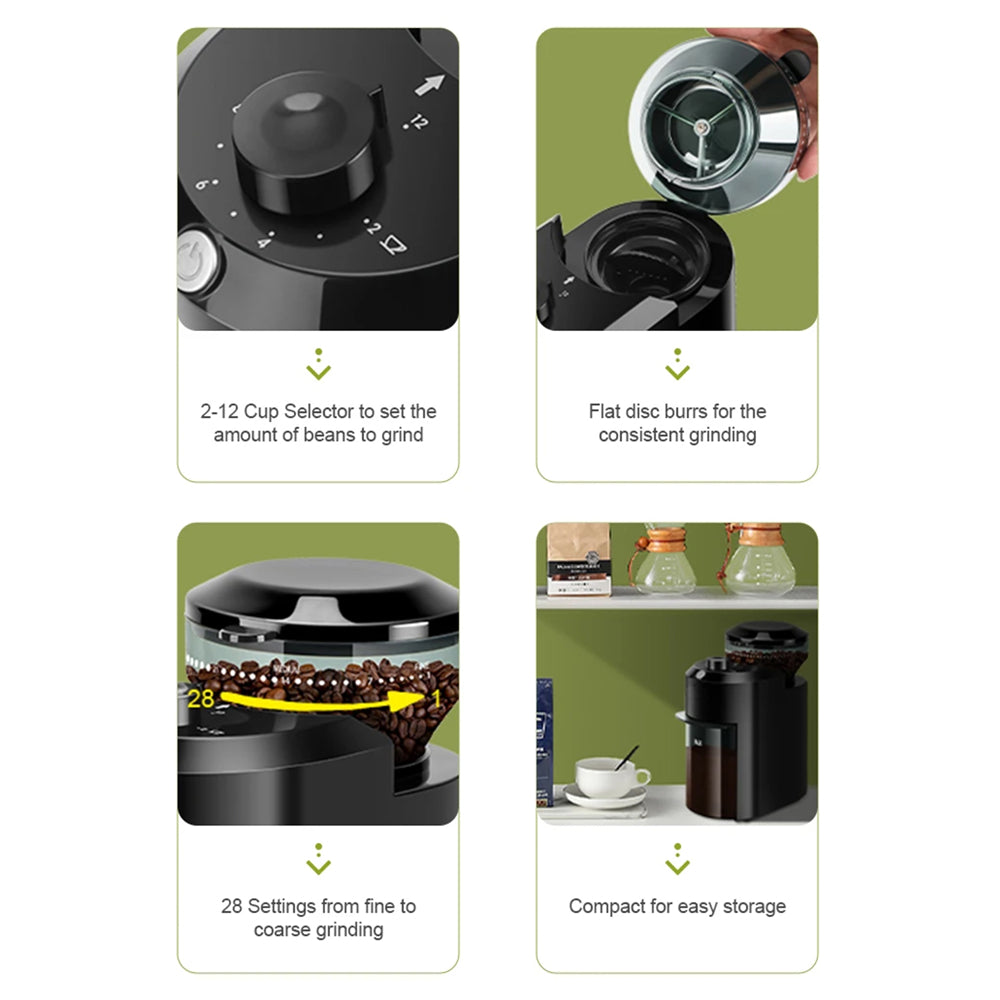 BrewixMi Coffee Grinder with features highlighted on a white background