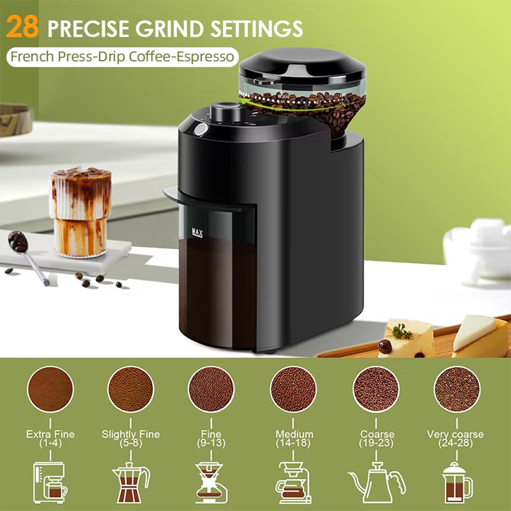 Black BrewixMi Coffee Grinder with coffee beans and a green background