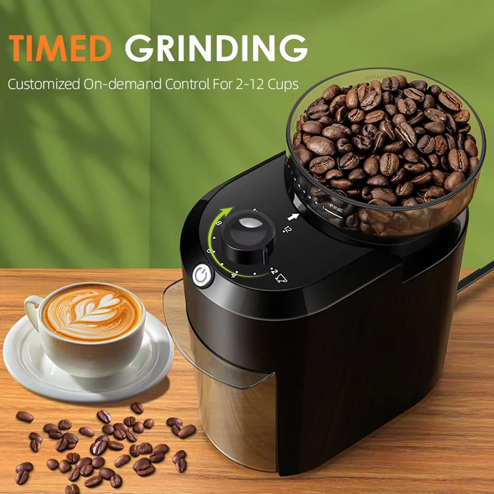 BrewixMi Coffee Grinder with coffee beans and a cup of coffee on a wooden surface, green background.