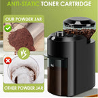 Black BrewixMi Coffee Grinder with anti-static toner cartridge feature on a green background