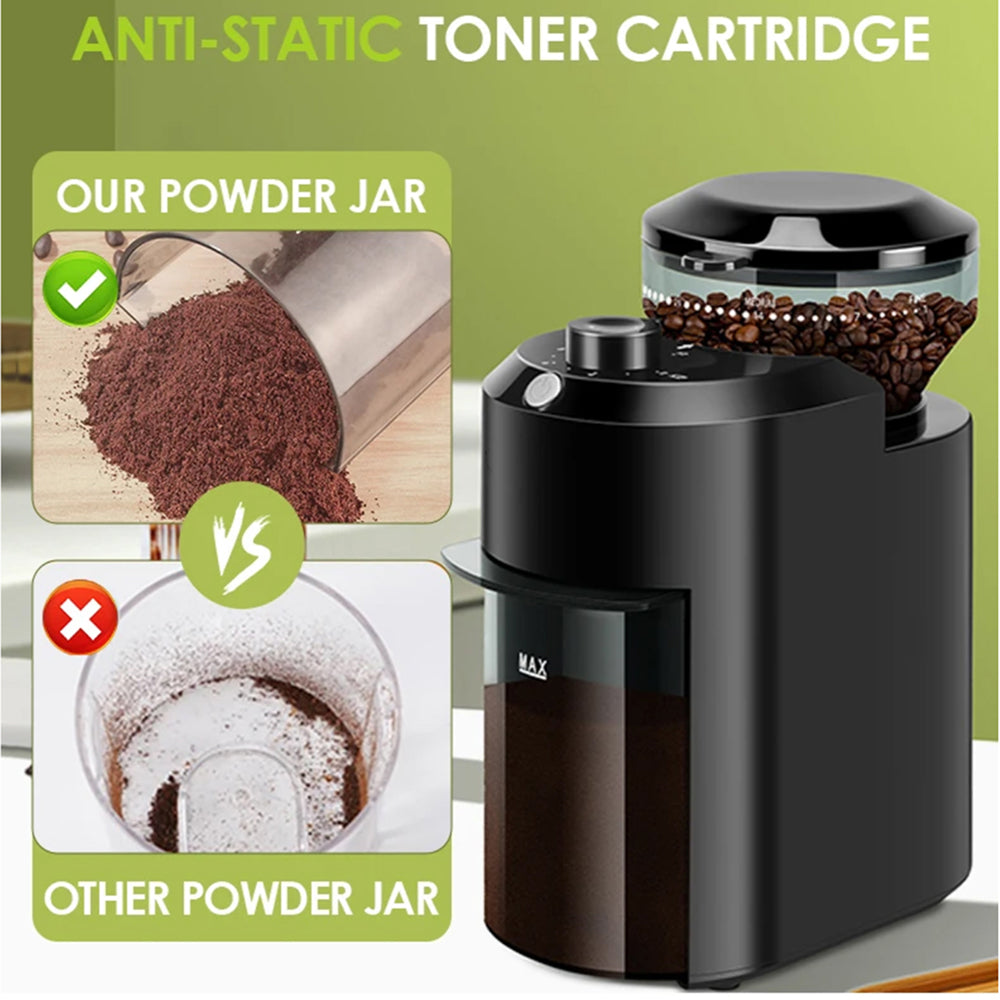 Black BrewixMi Coffee Grinder with anti-static toner cartridge feature on a green background