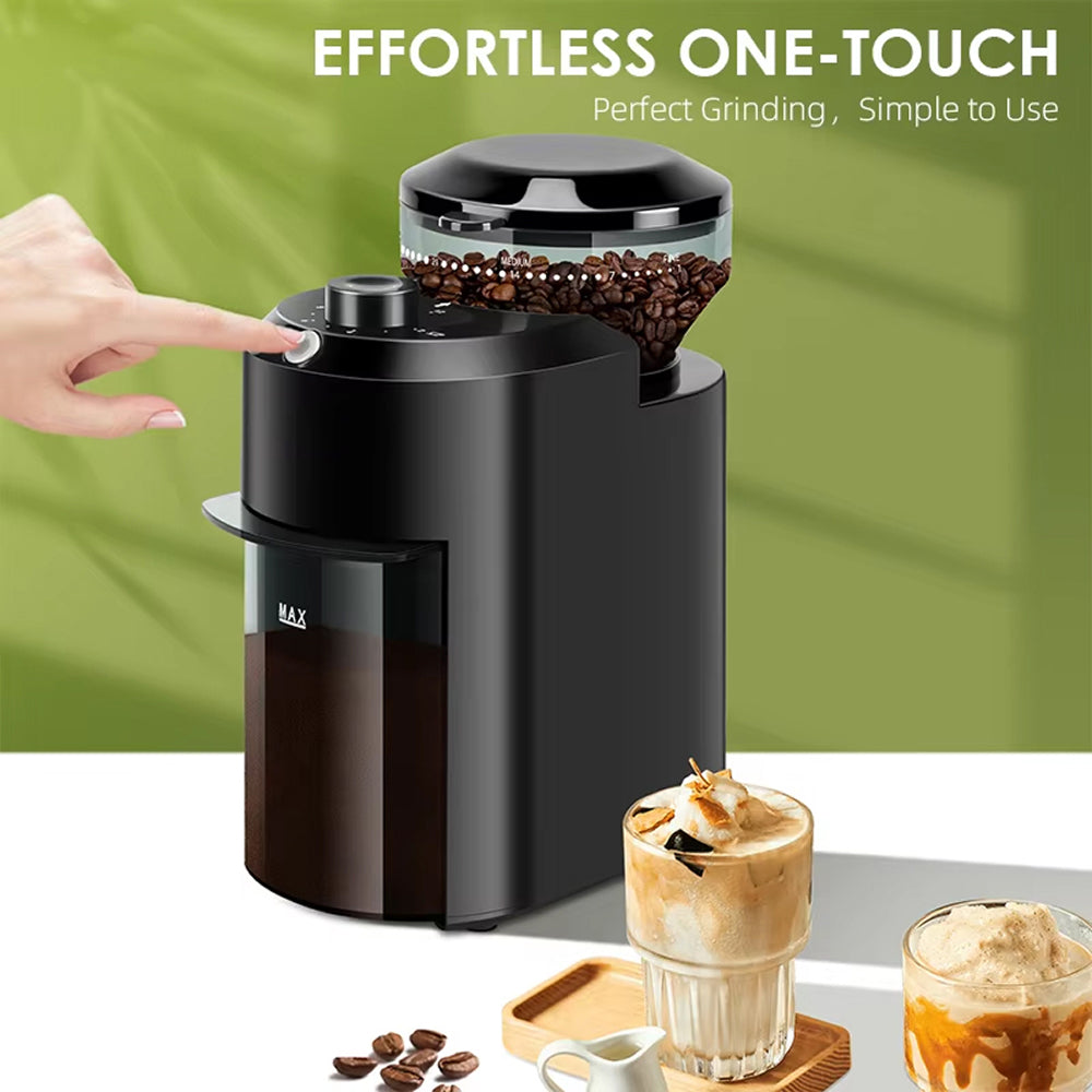 Black BrewixMi Coffee Grinder with coffee beans and iced coffee on a green background