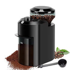 Black BrewixMi Coffee Grinder with coffee beans and grounds on a white background
