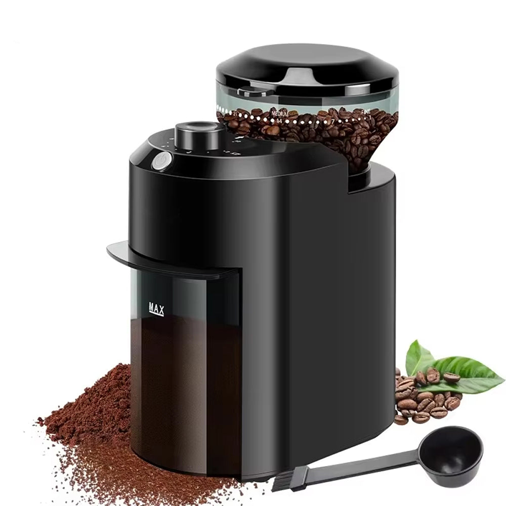 Black BrewixMi Coffee Grinder with coffee beans and grounds on a white background