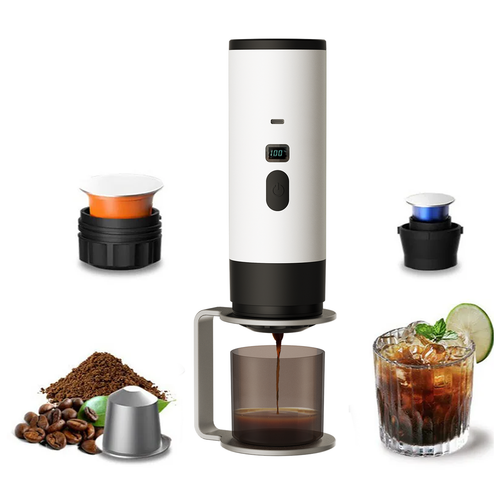 A white and black manual Brivona 3-in-1 Portable Coffee Maker with a glass carafe, shown with coffee beans, ground coffee, a metal coffee cup, and a glass of iced coffee on a white background.