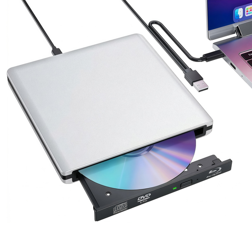 External Brivona Blu-ray DVD Player writer and burner drive with a silver metal compact disc slot and black tray, shown with a USB cable and a disc inserted, on a white background with a laptop partially visible in the top right.