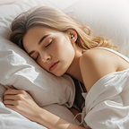 Woman Brivona Earplugs for Sleeping Noise Cancelling peacefully with white bedding