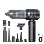 Black CabinNixa Car Vacuum Cleaner with various attachments on a white background