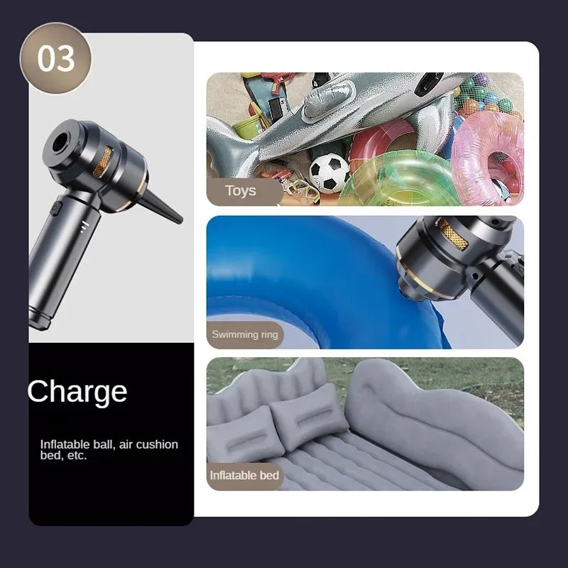 An inflatable air pump shown on a dark promotional graphic with three inset photos demonstrating use for toys, a swimming ring, and an inflatable bed. The left panel shows the pump labeled '03' and 'Charge' with text saying it inflates balls, air cushions, beds, etc.