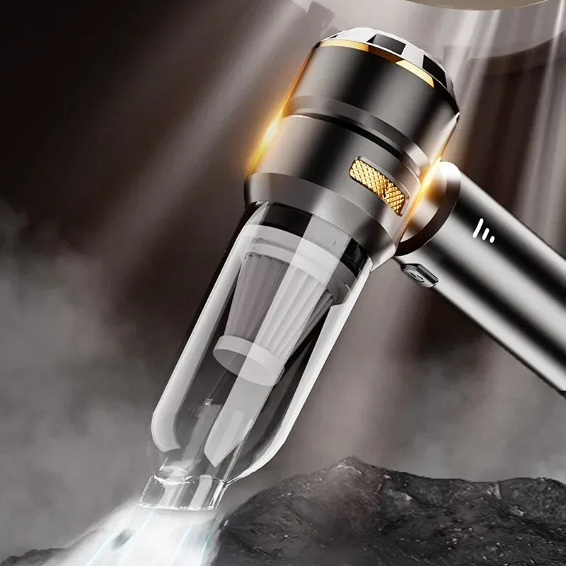 A close-up of a metallic CabinNixa Car Vacuum Cleaner with a transparent dust chamber, shown angled over a dark textured surface with smoke and light effects.