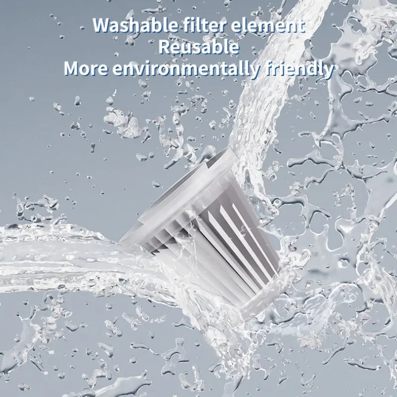 A reusable white pleated filter element shown with water spraying around it, with text reading 'Washable filter element Reusable More environmentally friendly' on a light gray background.