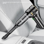 A CabinNixa Car Vacuum Cleaner with a transparent body and black motor housing, shown cleaning a light gray car seat. The image includes a text overlay at the top describing adjustable wind settings.