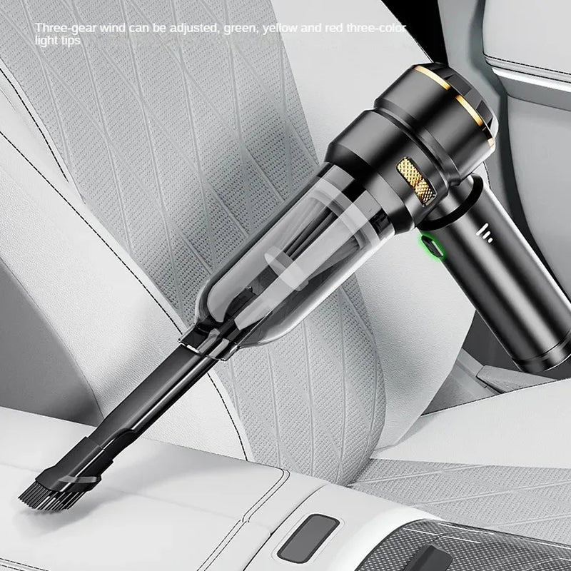 A CabinNixa Car Vacuum Cleaner with a transparent body and black motor housing, shown cleaning a light gray car seat. The image includes a text overlay at the top describing adjustable wind settings.
