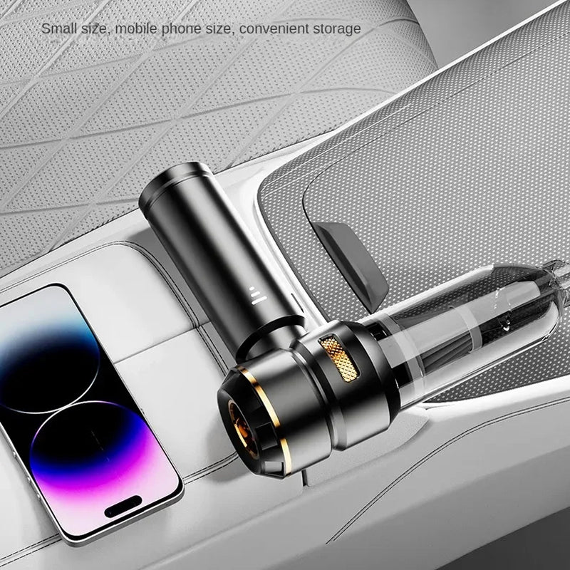 A black cylindrical car accessory with a transparent chamber and gold accent ring, shown resting on a car center console next to a smartphone. Text at the top reads 'Small size, mobile phone size, convenient storage'.