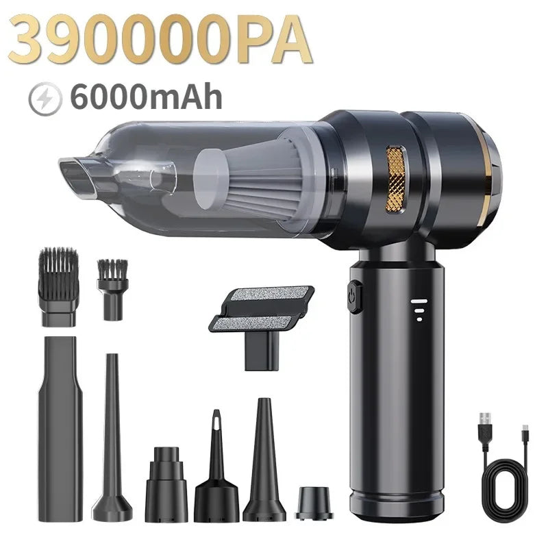Black CabinNixa Car Vacuum Cleaner with various attachments and specifications on a white background