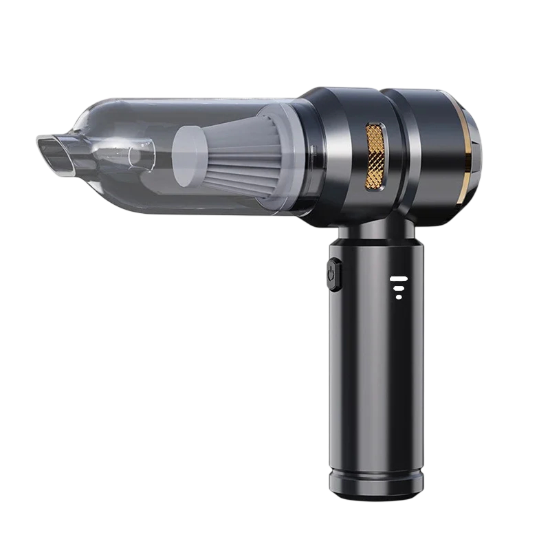 A CabinNixa Car Vacuum Cleaner with a transparent dust container, black body, and gold accent details, shown on a solid white background.