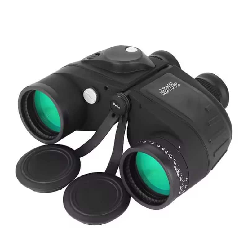Black CamoSiki Binoculars with green lenses on a white background