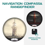 Navigation compass and rangefinder with lighthouse illustration and compass lighting interface feature.