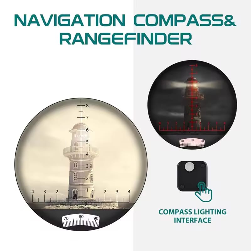 Navigation compass and rangefinder with lighthouse illustration and compass lighting interface feature.