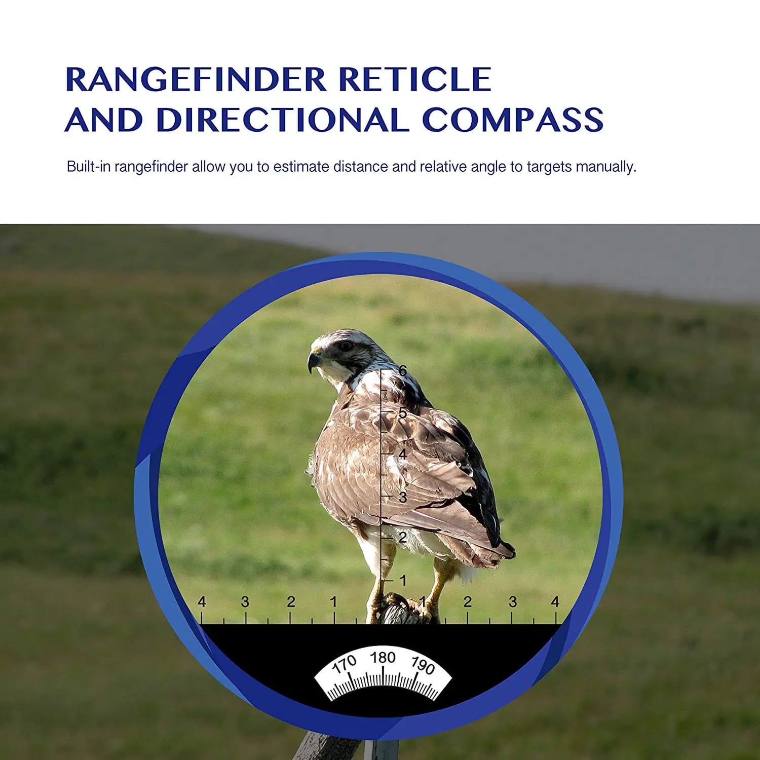 CamoSiki Binoculars reticle with a hawk image and compass scale on a grassy background