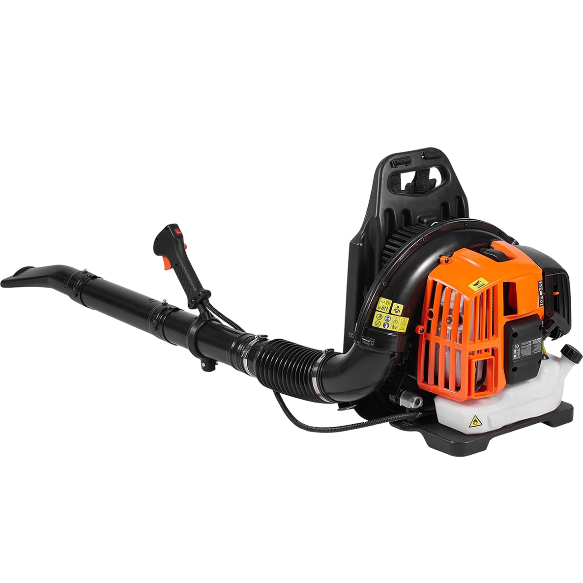 A CleNolif 52CC Backpack Leaf Blower with a black body, bright orange engine guard, and white fuel tank on a plain white background.