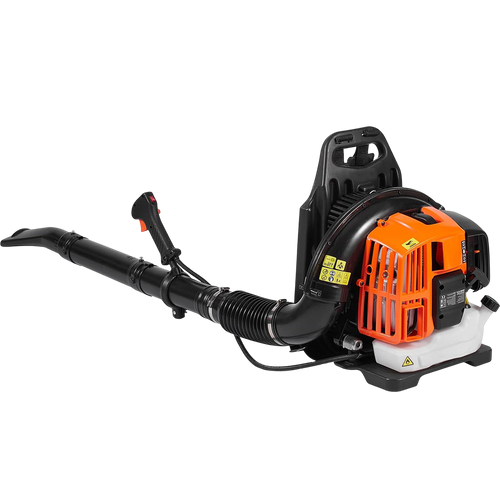A CleNolif 52CC Backpack Leaf Blower with a black body, bright orange engine guard, and white fuel tank on a plain white background.