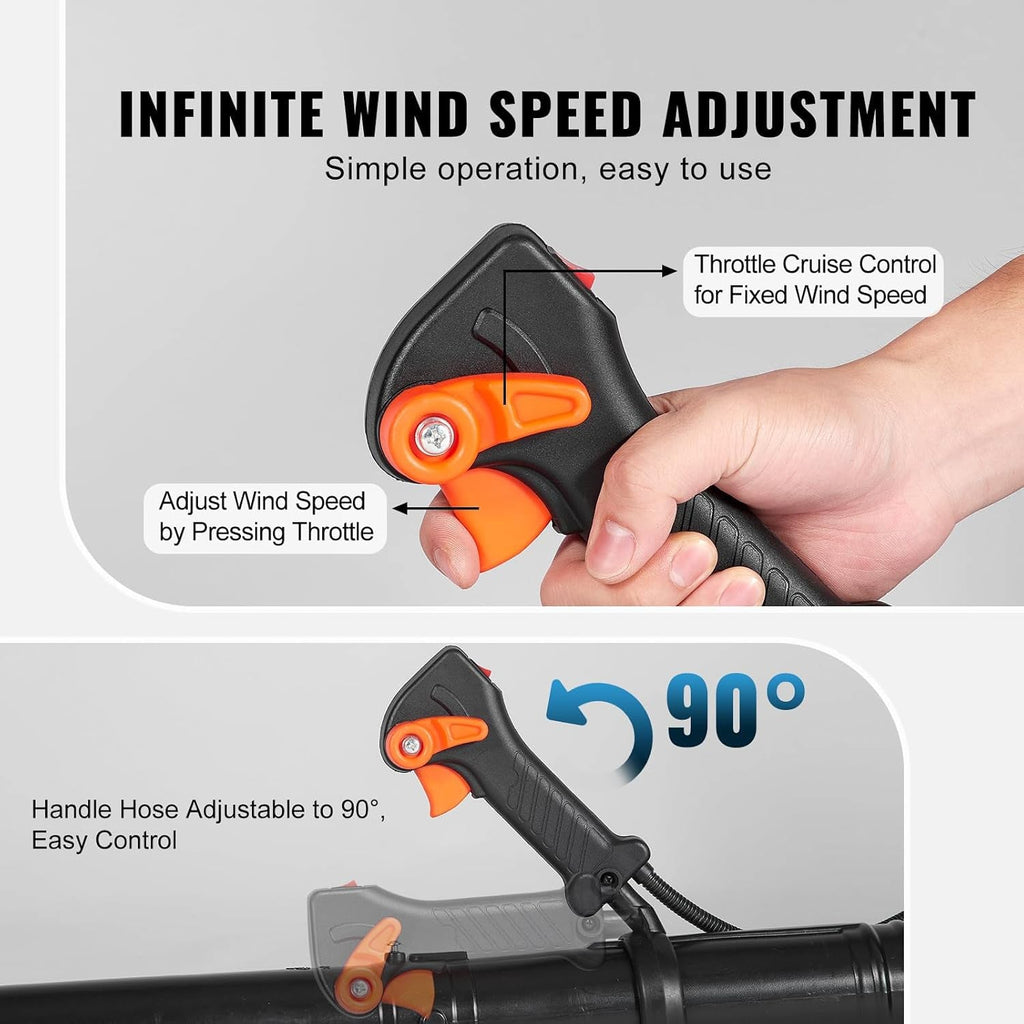 CleNolif 52CC Backpack Leaf Blower with throttle control for adjusting wind speed, held by a hand.