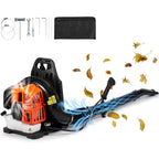 A CleNolif 52CC Backpack Leaf Blower with an orange engine housing, black body, and blue airflow graphic, shown on a white background with included accessories and scattered autumn leaves.
