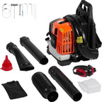 Gas-powered CleNolif 52CC Backpack Leaf Blower with an orange and black engine housing, shown with multiple black attachment hoses, a red funnel, a black dust bag, a clear fuel tank, a red-and-black ear protector, and several included wrenches on a white background.