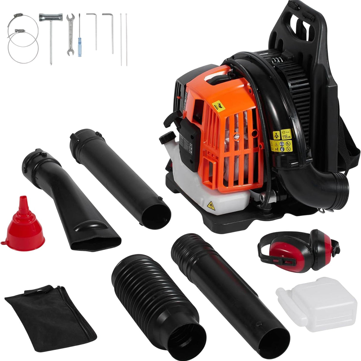 Gas-powered CleNolif 52CC Backpack Leaf Blower with an orange and black engine housing, shown with multiple black attachment hoses, a red funnel, a black dust bag, a clear fuel tank, a red-and-black ear protector, and several included wrenches on a white background.