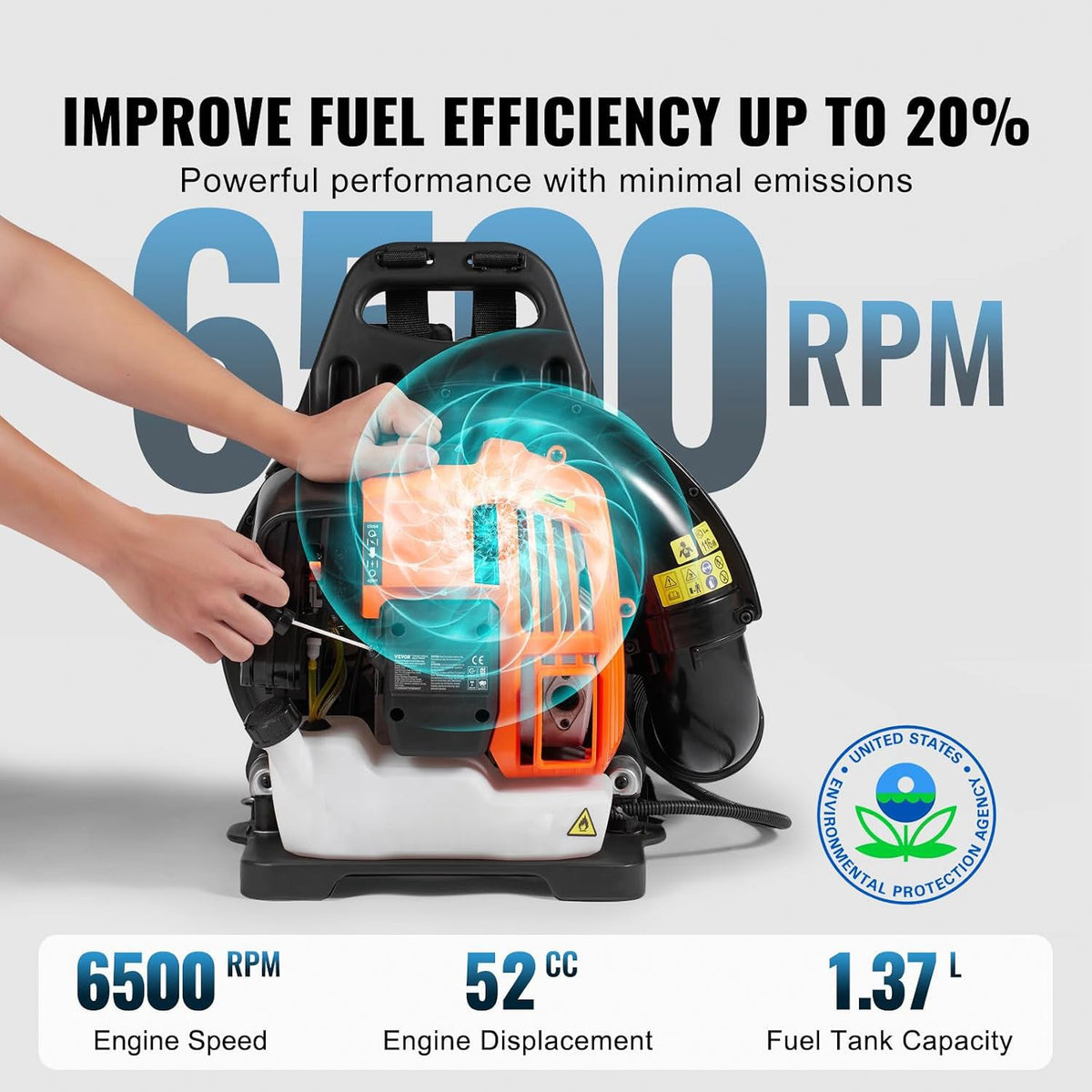 A backpack-style CleNolif 52CC Backpack Leaf Blower shown on a light gray background with marketing text, including 'IMPROVE FUEL EFFICIENCY UP TO 20%', '6500 RPM', '52 CC', and '1.37 L'.