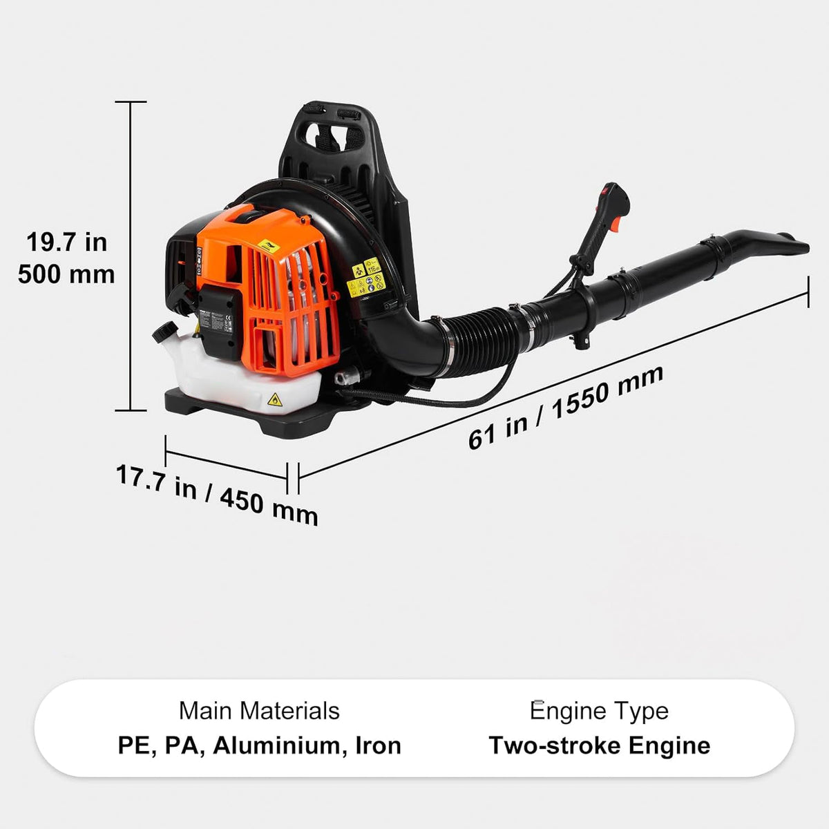 A CleNolif 52CC Backpack Leaf Blower shown on a light gray background with dimension lines and text indicating height, width, and length. The blower has a black body with a bright orange engine housing and a white fuel tank.